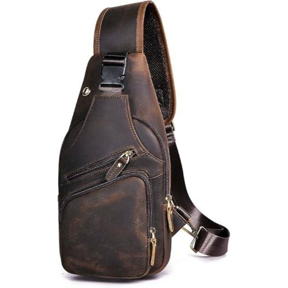 Men Fashion Casual Crossbody Chest Sling Bag, Genuine Leather, Dark Brown